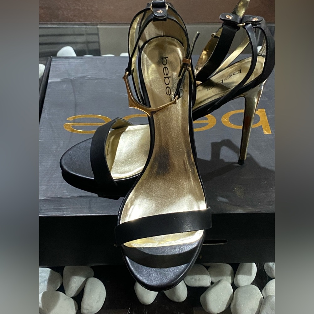 BEBE Black and Gold Embellished Heels